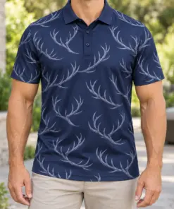 Antler Crescent Weave Navy Pewter Polo Shirt - Model wearing the product