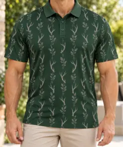 Antler Oak Filigree Forest Pewter Polo Shirt - Model wearing the product
