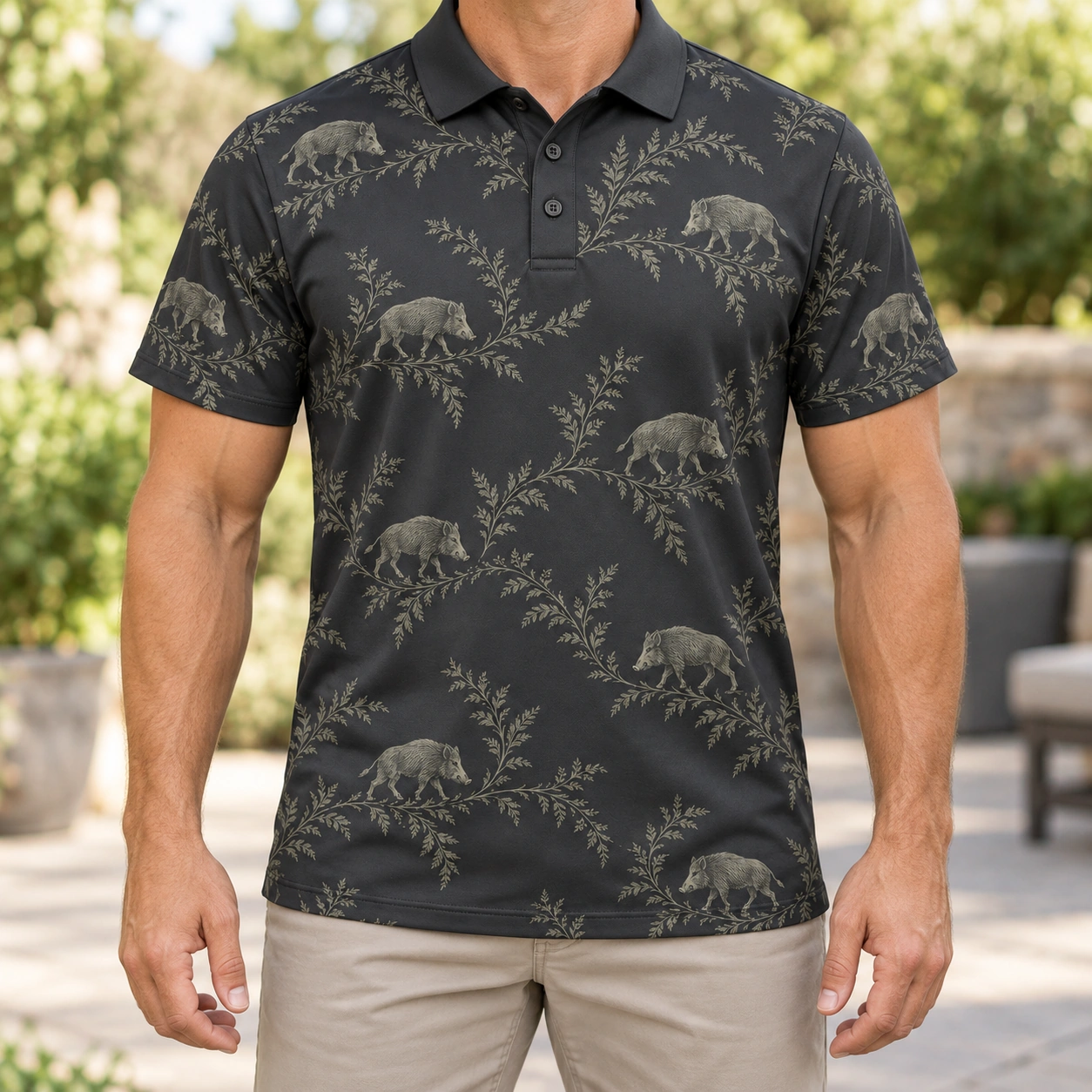 Boar Fern Drift Graphite Sage Polo Shirt - Model wearing the product