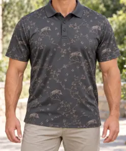 Boar Hoof Bramble Slate Taupe Polo Shirt - Model wearing the product