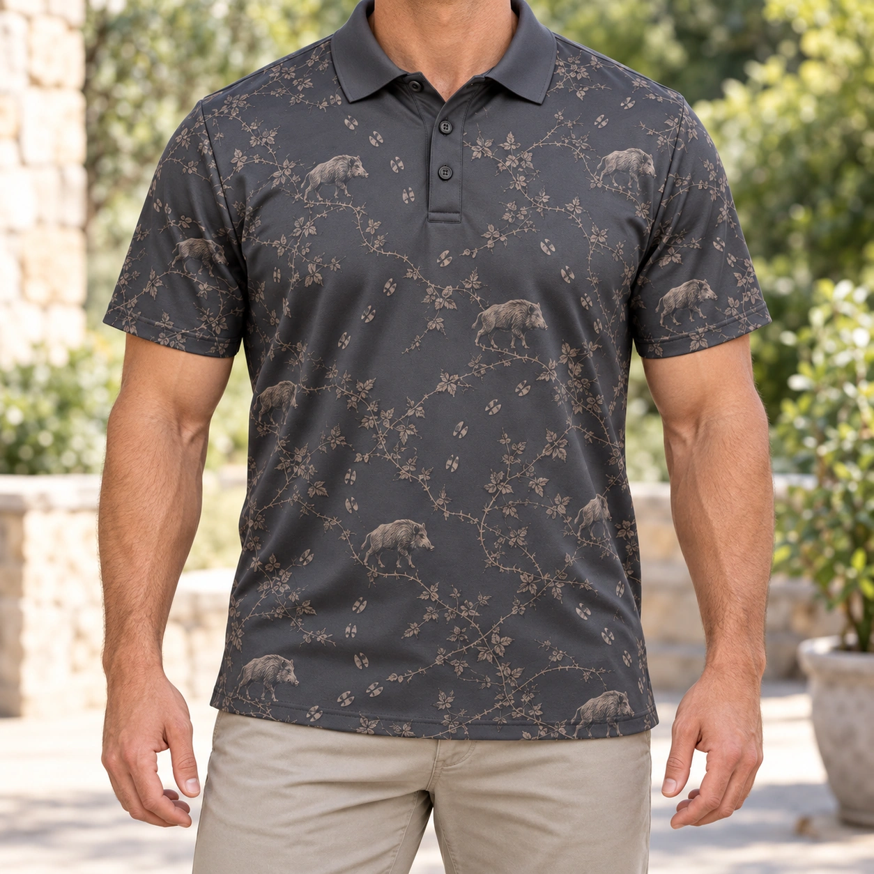 Boar Hoof Bramble Slate Taupe Polo Shirt - Model wearing the product