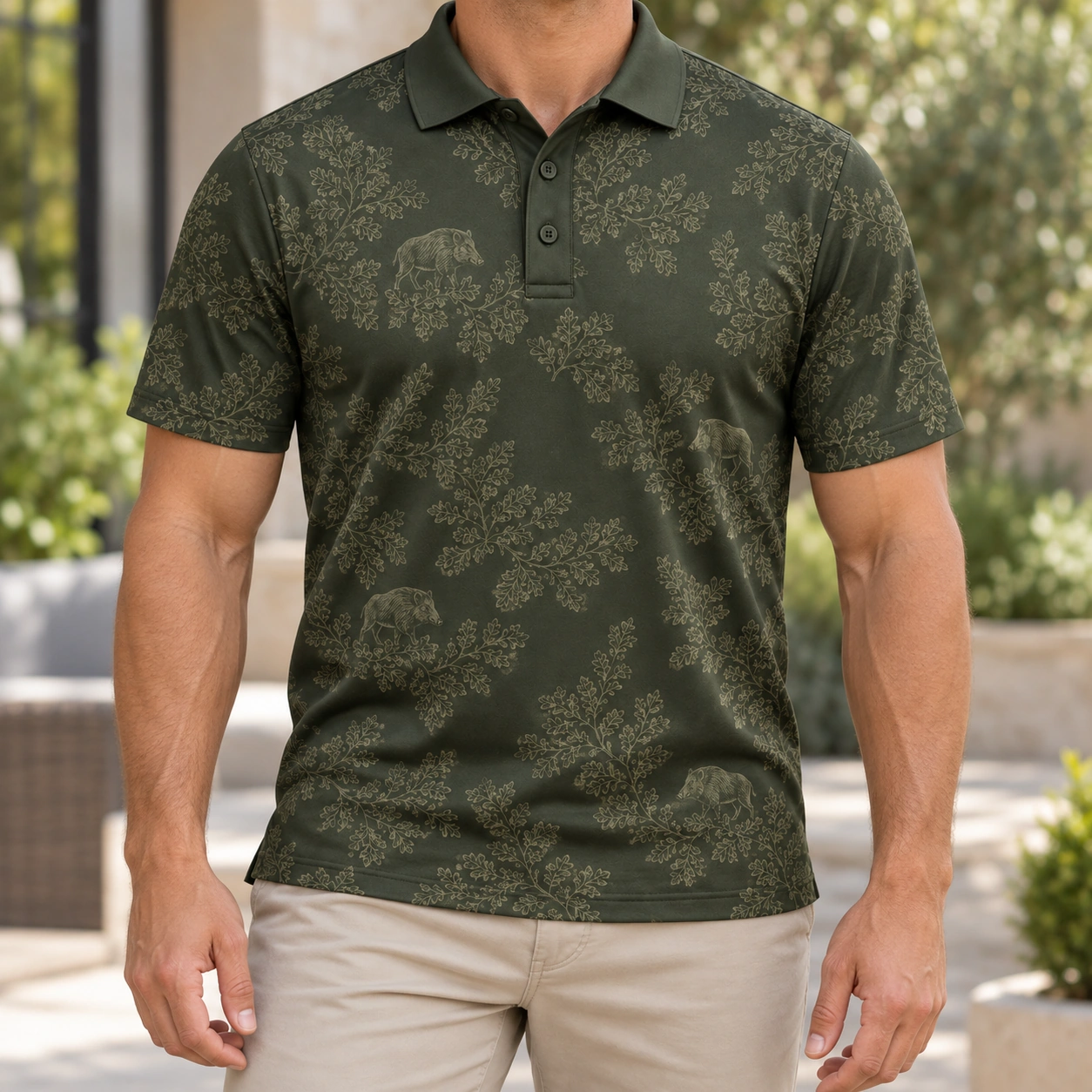 Boar Oak Leaf Mosaic Moss Pewter Polo Shirt - Model wearing the product