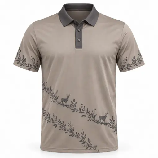 Deer Laurel Sash Taupe Ink Polo Shirt - Front view