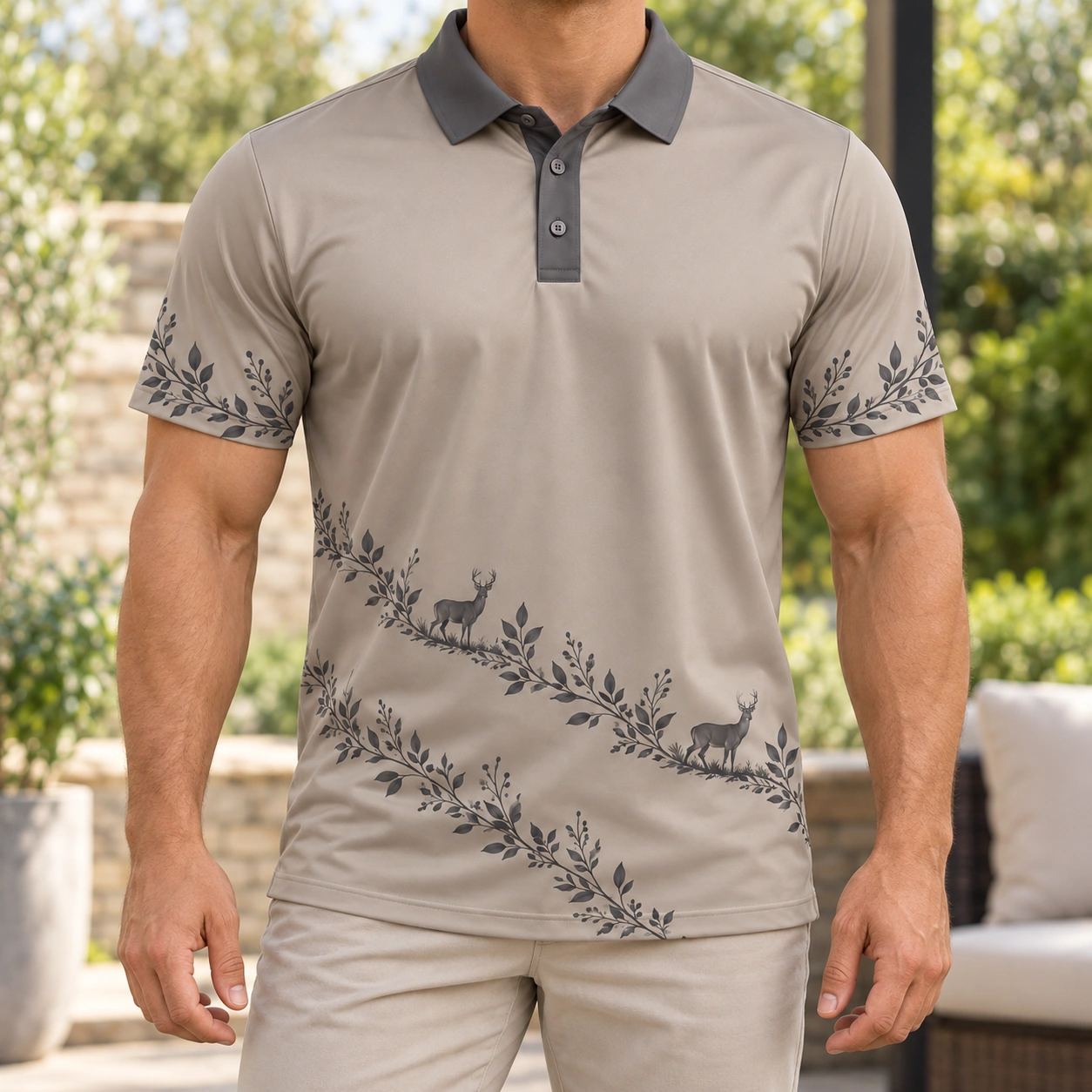 Deer Laurel Sash Taupe Ink Polo Shirt - Model wearing the product