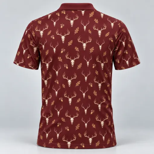 Deer Skulls Burgundy Brass Polo Shirt - Back view