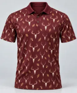 Deer Skulls Burgundy Brass Polo Shirt - Front view