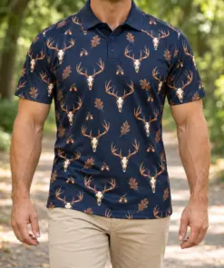Deer Skulls Midnight Copper Polo Shirt - Model wearing the product
