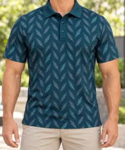 Duck Feather Herringbone Petrol Slate Polo Shirt - Model wearing the product