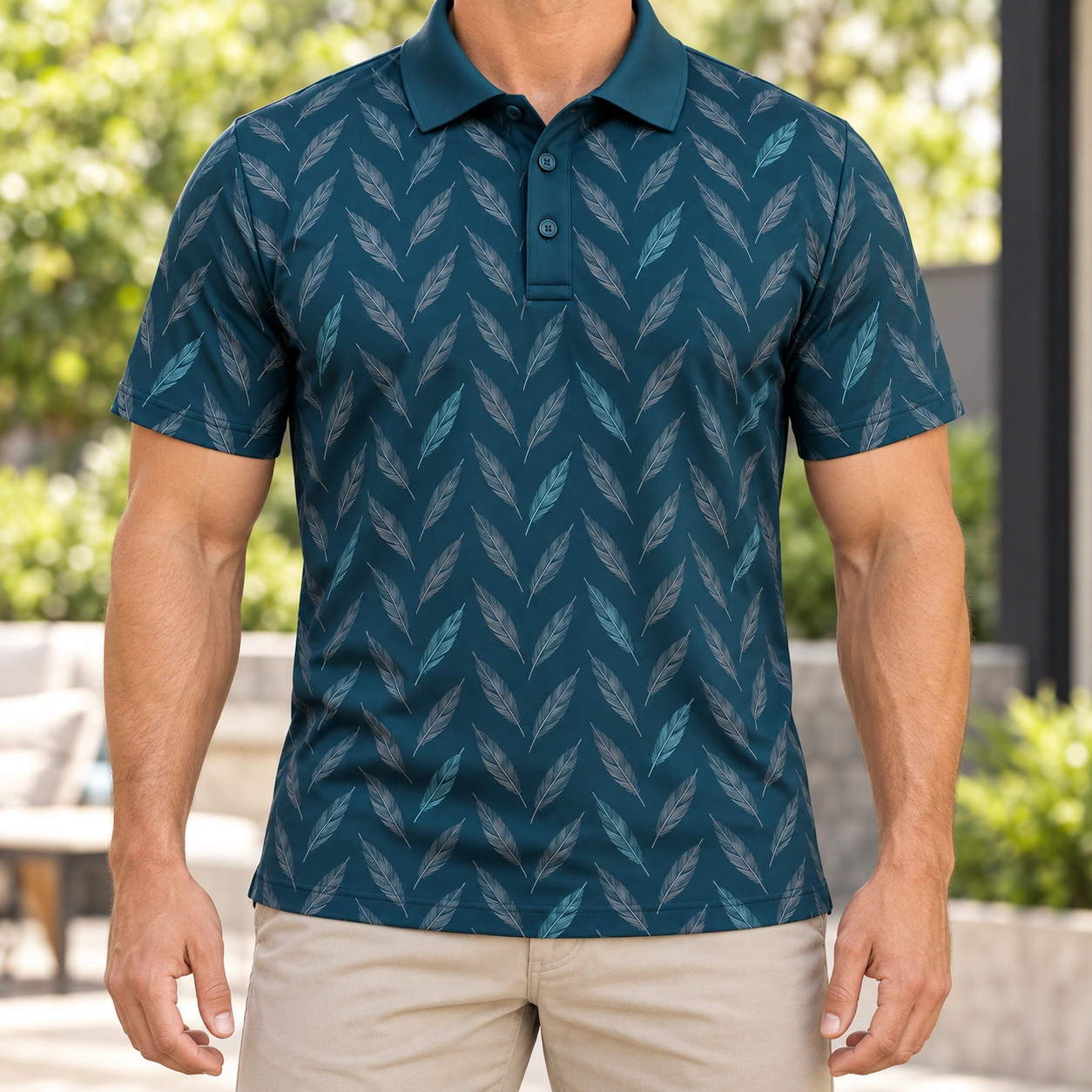 Duck Feather Herringbone Petrol Slate Polo Shirt - Model wearing the product