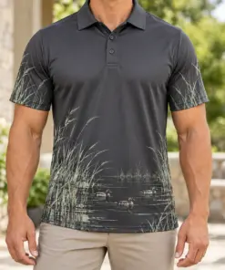 Duck Quiet Reedline Graphite Sage Polo Shirt - Model wearing the product