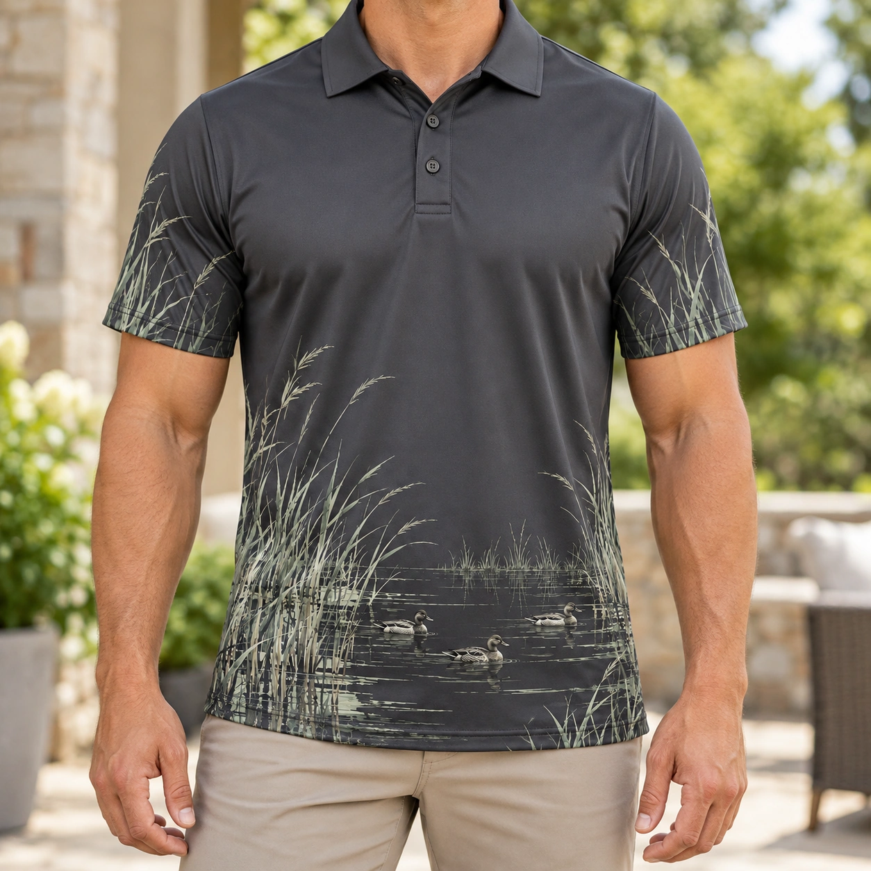 Duck Quiet Reedline Graphite Sage Polo Shirt - Model wearing the product