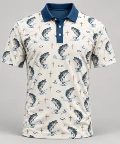 Faith and Fishing Ivory Blue Polo Shirt - Front view