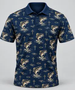 Faith and Fishing Navy Gold Polo Shirt - Front view