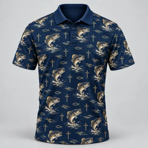 Faith and Fishing Navy Gold Polo Shirt - Front view