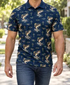 Faith and Fishing Navy Gold Polo Shirt - Model wearing the product
