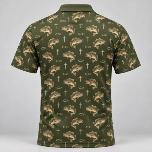 Faith and Fishing Olive Bone Polo Shirt - Back view
