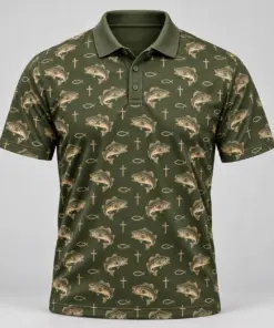 Faith and Fishing Olive Bone Polo Shirt - Front view