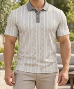 Fish Scale Fine Pinstripe Pearl Pewter Polo Shirt - Model wearing the product