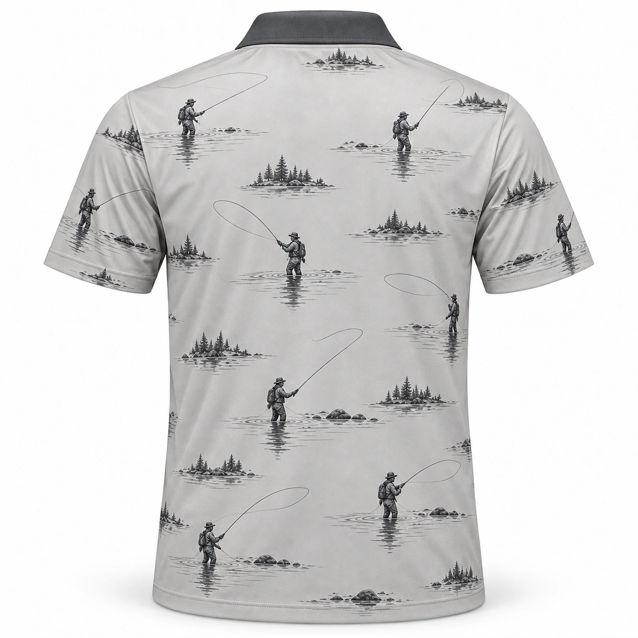 Fly Cast River Arc Ash Charcoal Polo Shirt - Back view