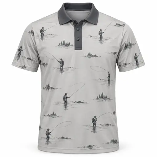 Fly Cast River Arc Ash Charcoal Polo Shirt - Front view