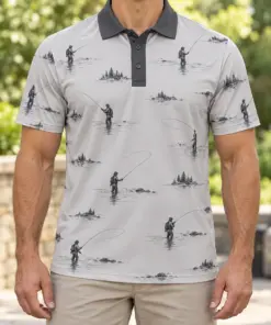 Fly Cast River Arc Ash Charcoal Polo Shirt - Model wearing the product