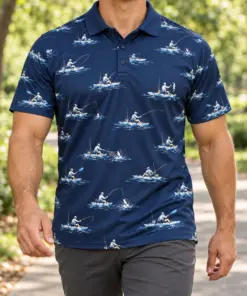 Kayak Fishing Navy Weekend Polo Shirt - Model wearing the product
