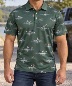 Kayak Fishing River Sage Polo Shirt - Model wearing the product