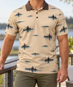 Kayak Fishing Sand Dawn Polo Shirt - Model wearing the product