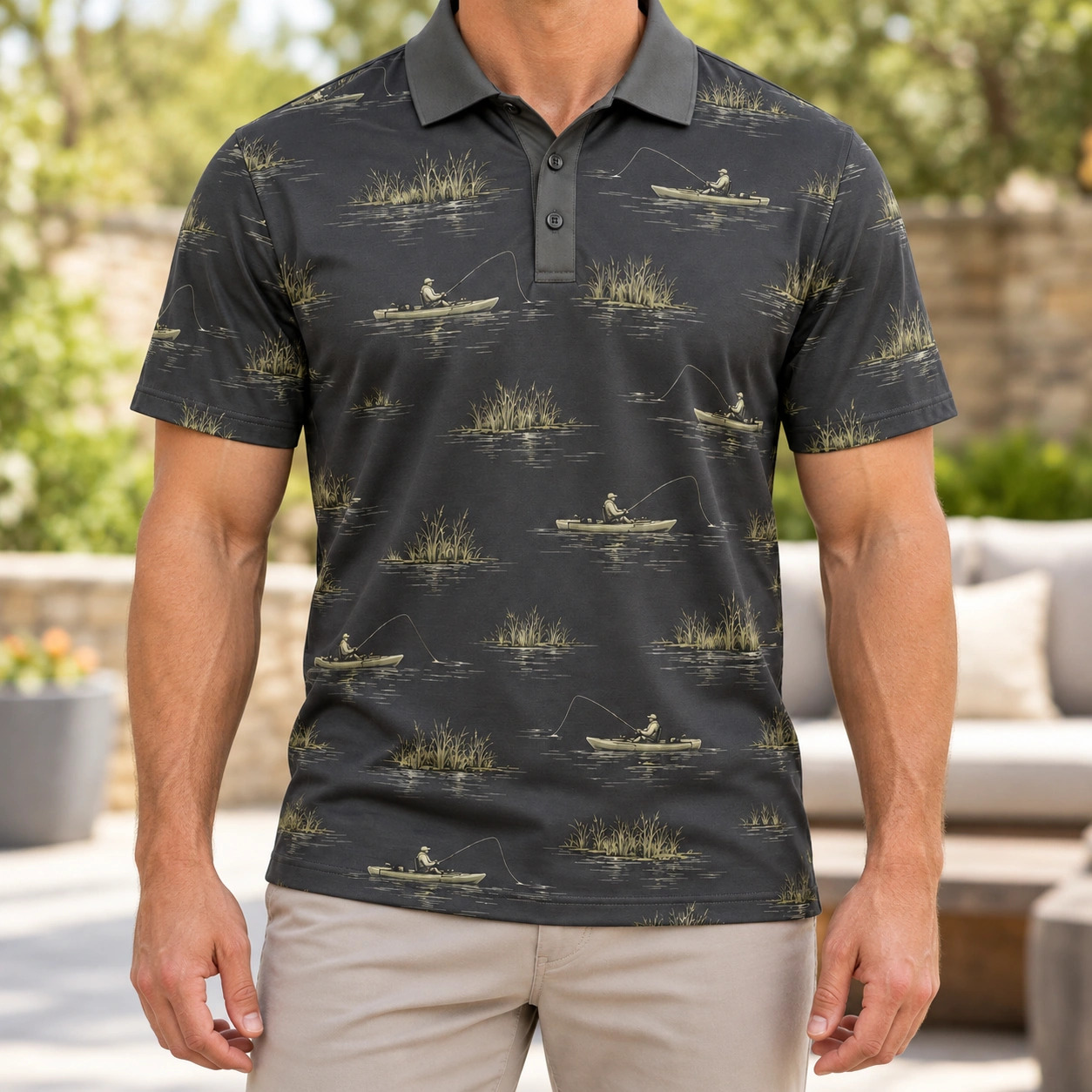 Kayak Reed Islands Graphite Olive Polo Shirt - Model wearing the product