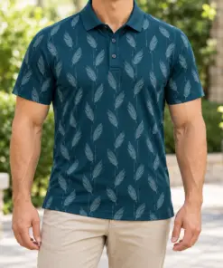 Mallard Feather Ladder Petrol Pewter Polo Shirt - Model wearing the product