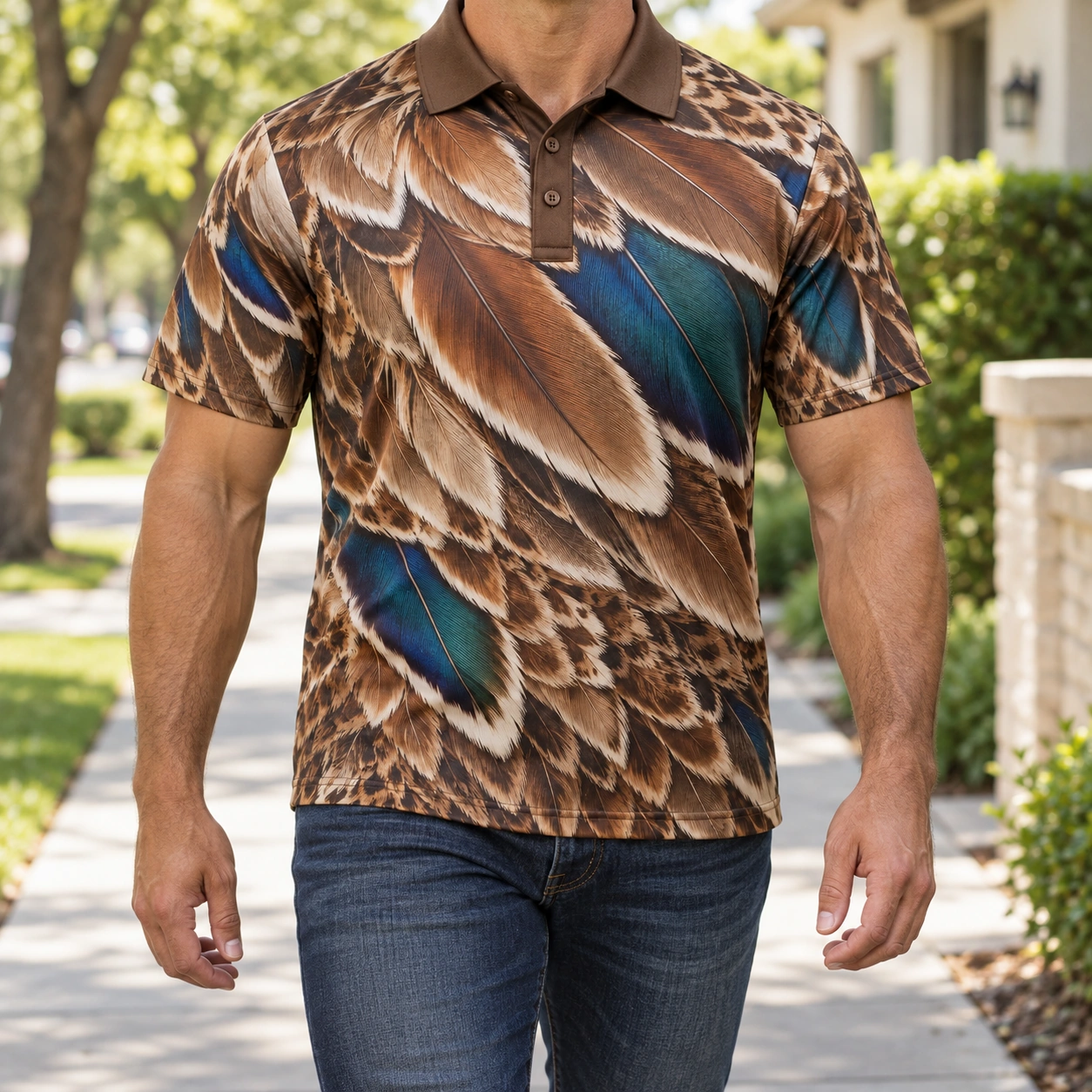 Mallard Feathers Autumn Walnut Polo Shirt - Model wearing the product
