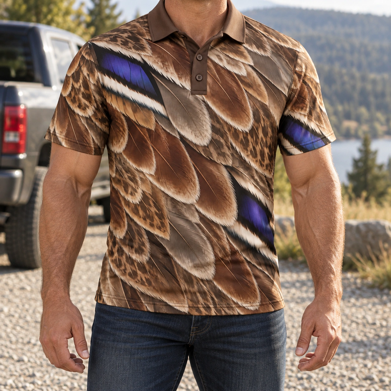 Mallard Feathers Chestnut Speculum Polo Shirt - Model wearing the product