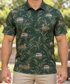 Mallard Reed Lattice Forest Taupe Polo Shirt - Model wearing the product