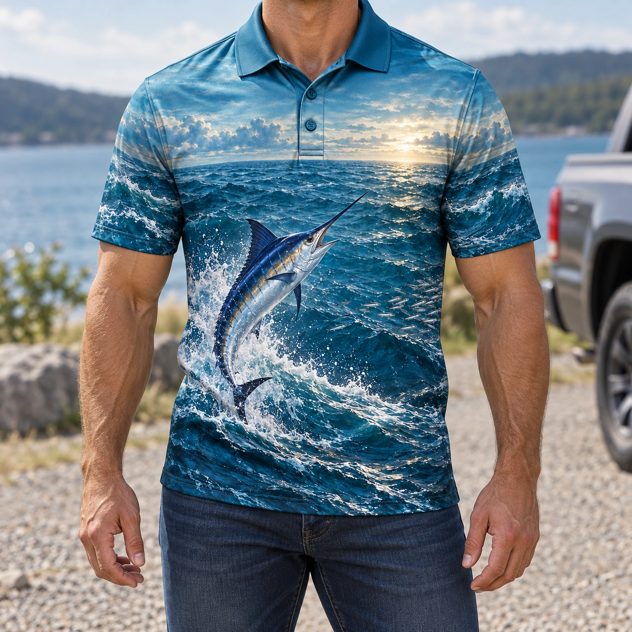 Marlin Ocean Petrol Horizon Polo Shirt - Model wearing the product