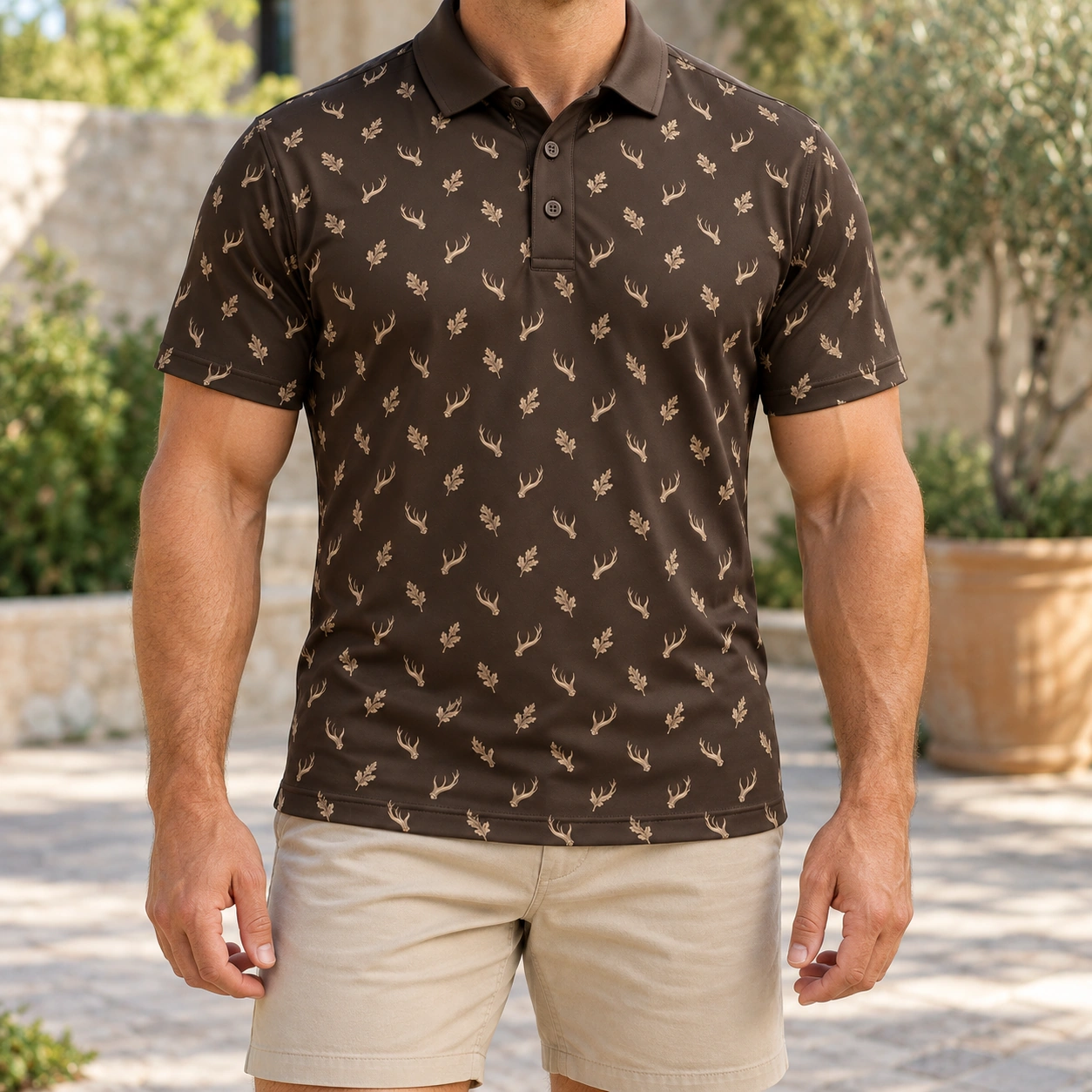 Micro Antlers and Oak Espresso Polo Shirt - Model wearing the product