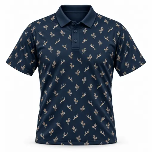 Micro Antlers and Oak Midnight Navy Polo Shirt - Front view