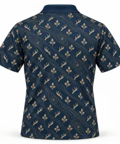 Micro Antlers and Oak with Gold Woodgrain Midnight Navy Polo Shirt - Back view