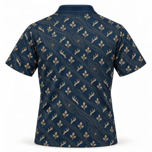 Micro Antlers and Oak with Gold Woodgrain Midnight Navy Polo Shirt - Back view