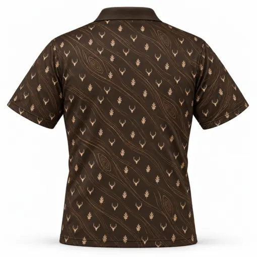 Micro Deer Heads and Oak with Gold Woodgrain Espresso Polo Shirt - Back view