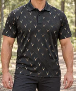 Micro Deer Skulls and Gold Woodgrain Charcoal Polo Shirt - Model wearing the product