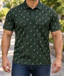 Micro Deer Skulls and Gold Woodgrain Forest Green Polo Shirt - Model wearing the product