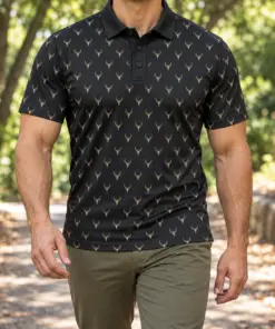 Micro Deer Skulls Charcoal Polo Shirt - Model wearing the product
