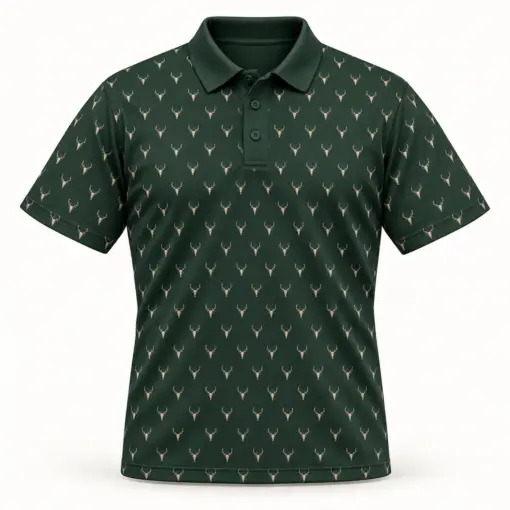 Micro Deer Skulls Forest Green Polo Shirt - Front view