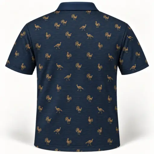Micro Turkey and Gold Woodgrain Midnight Navy Polo Shirt - Back view