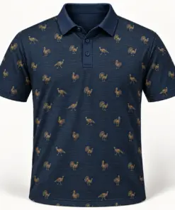 Micro Turkey and Gold Woodgrain Midnight Navy Polo Shirt - Front view
