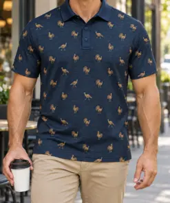 Micro Turkey and Gold Woodgrain Midnight Navy Polo Shirt - Model wearing the product