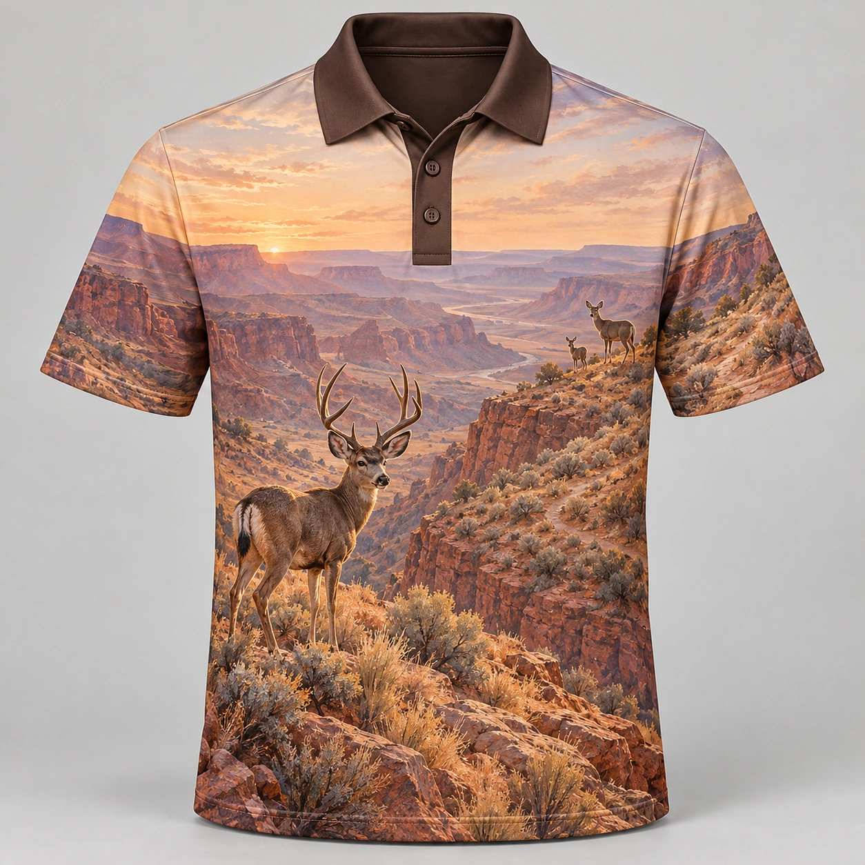 Mule Deer Mountains Canyon Dawn Polo Shirt - Front view