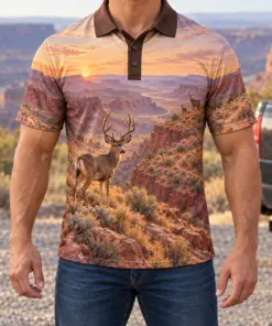 Mule Deer Mountains Canyon Dawn Polo Shirt - Model wearing the product