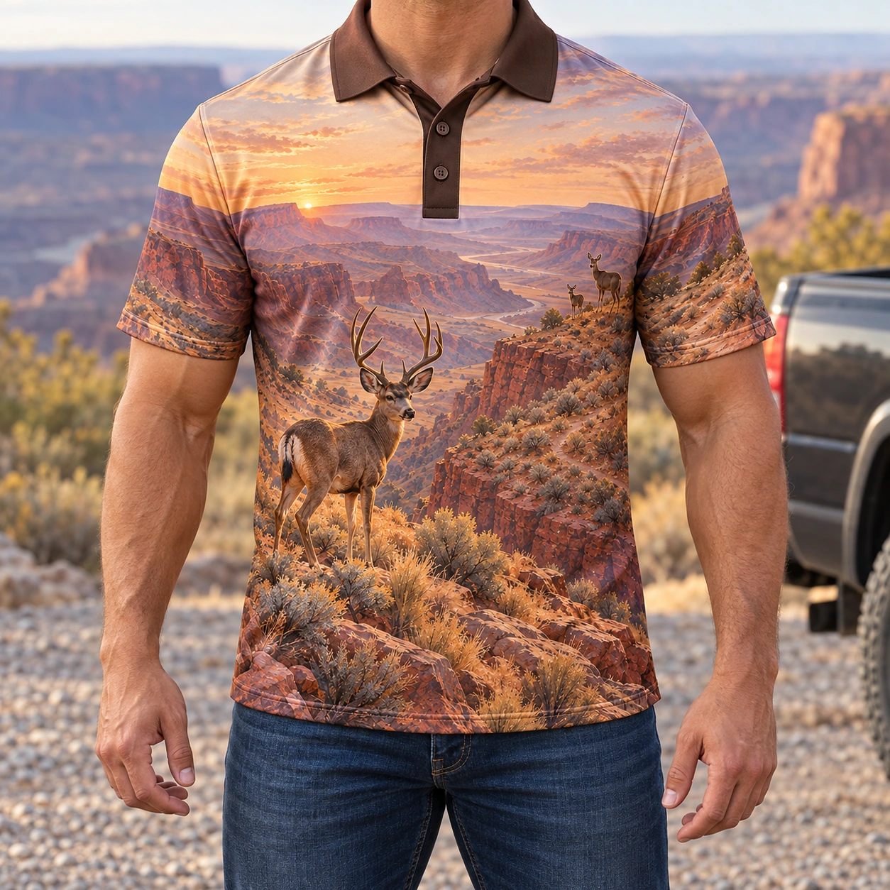 Mule Deer Mountains Canyon Dawn Polo Shirt - Model wearing the product