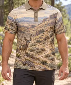 Mule Deer Mountains Sage Hills Polo Shirt - Model wearing the product